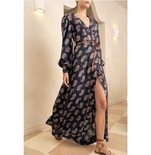 HANNAH ARTWEAR Aster 100% Silk Wrap Hand Dyed Neptune Print Maxi Dress(2)